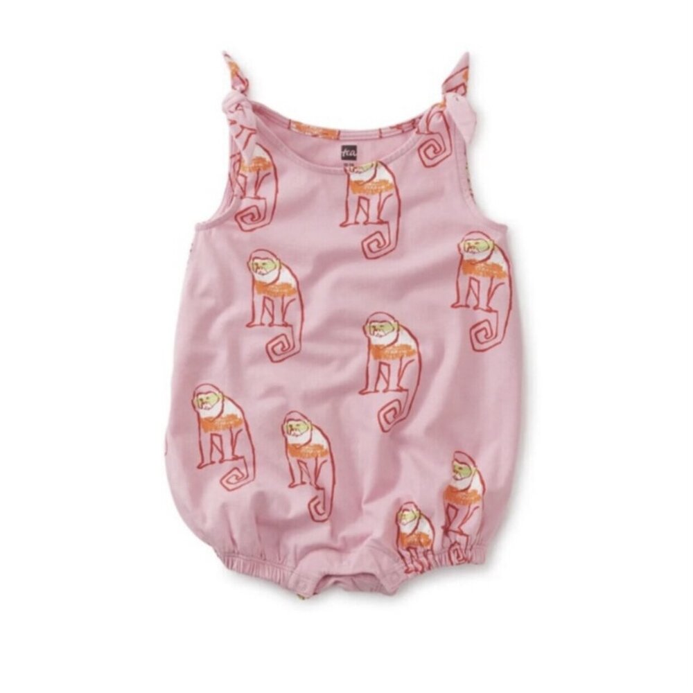 NWT Tea Collection Tie Shoulder Baby Romper Cochin Monkeys Pink 0-3 Months